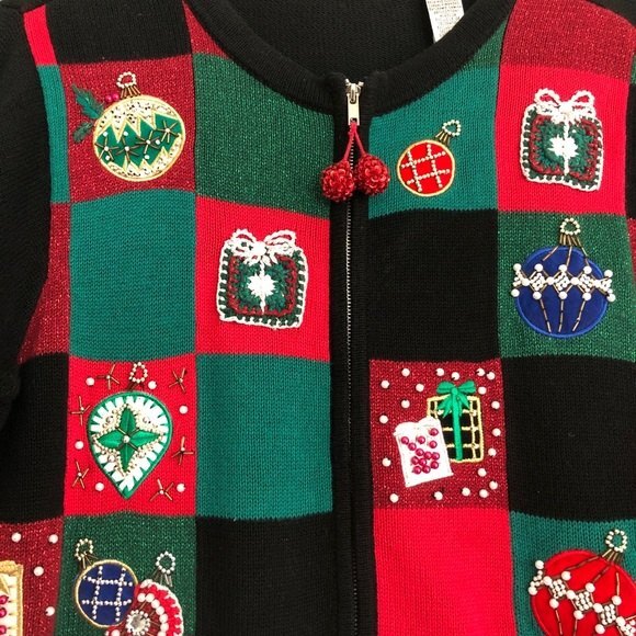 Victoria Jones Christmas Sweater Womens Medium Red Cardigan Patchwork Holiday - Picture 4 of 9